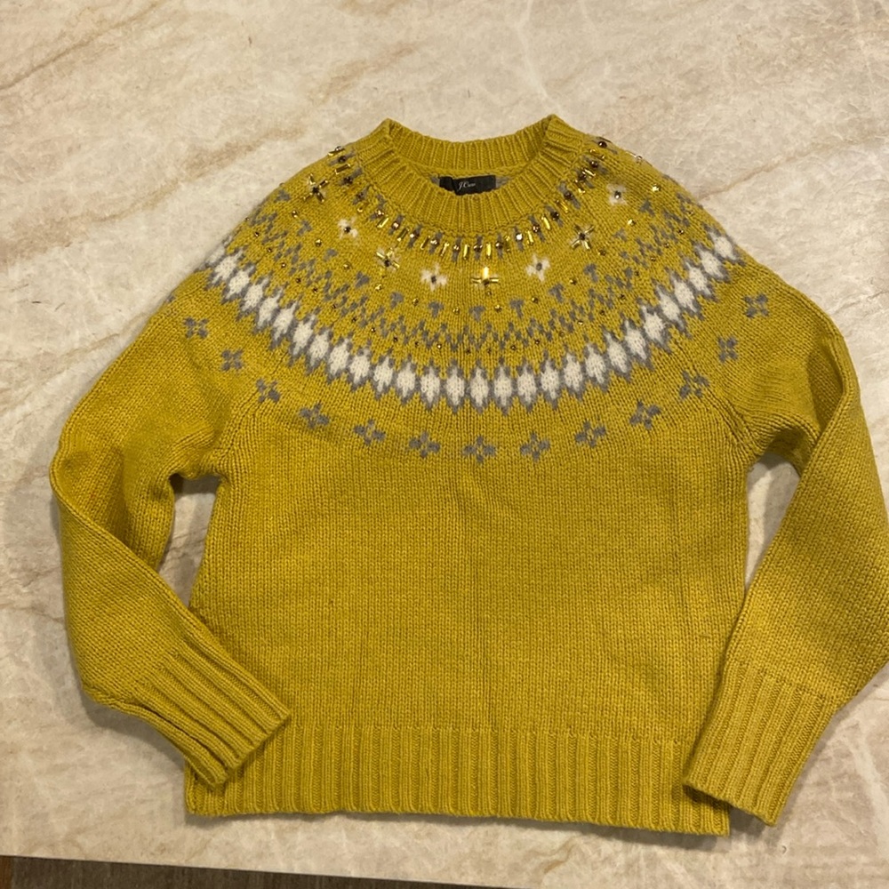 Mustard color with grey accent sweater. Detailed in rhinestones and soft Alpaca